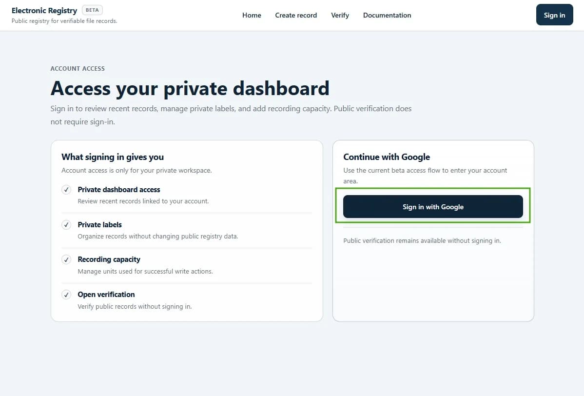 Electronic Registry sign-in page showing private dashboard access and the Sign in with Google button.