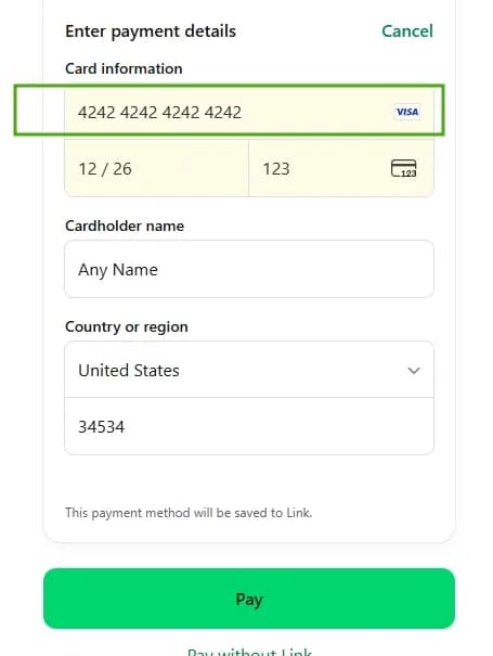Stripe beta test checkout card details form with the Stripe test card number entered.