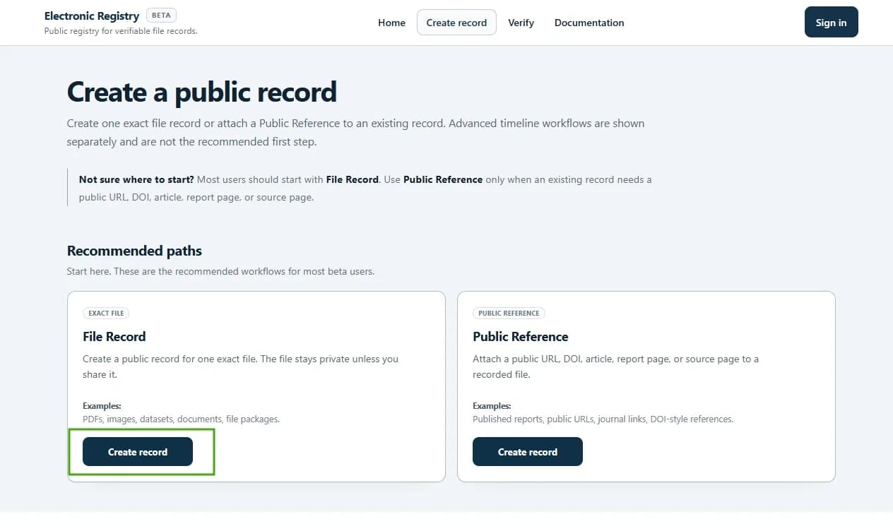 Create a public record page showing File Record as a recommended path.