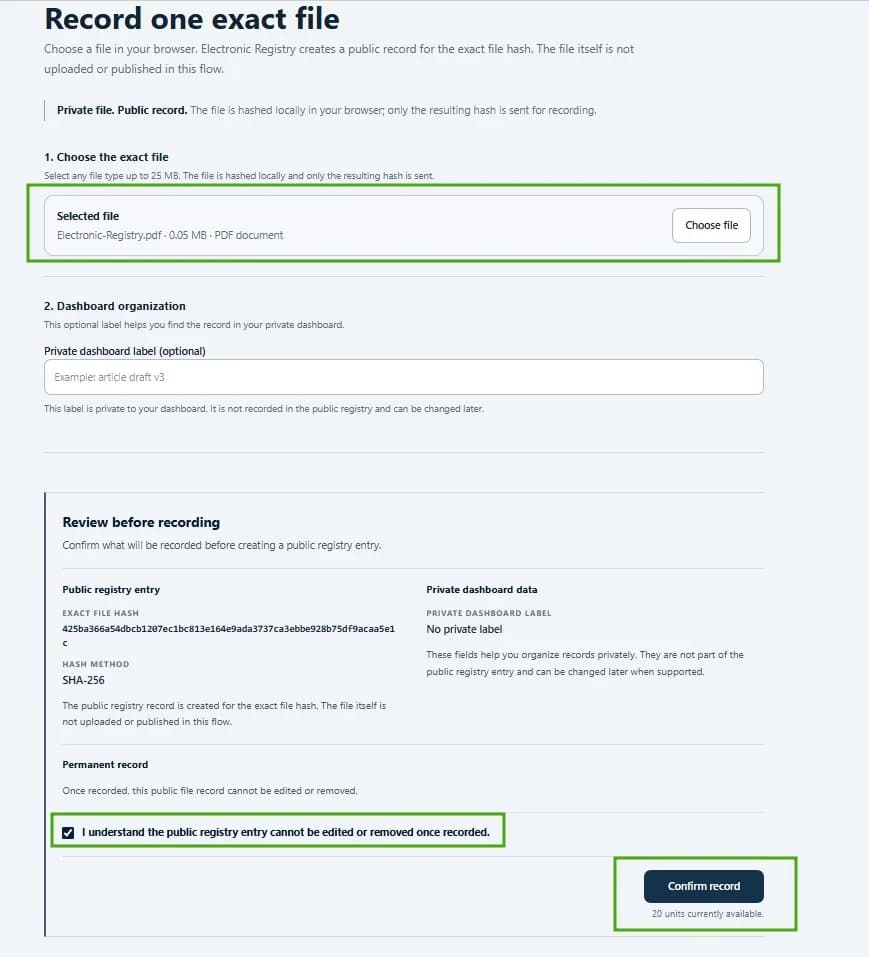 File Record form showing selected file, review before recording, confirmation checkbox, and Confirm record button.