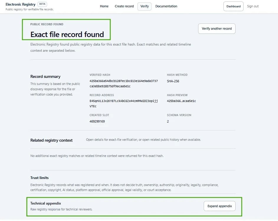 Verification result page showing that an exact file record was found.